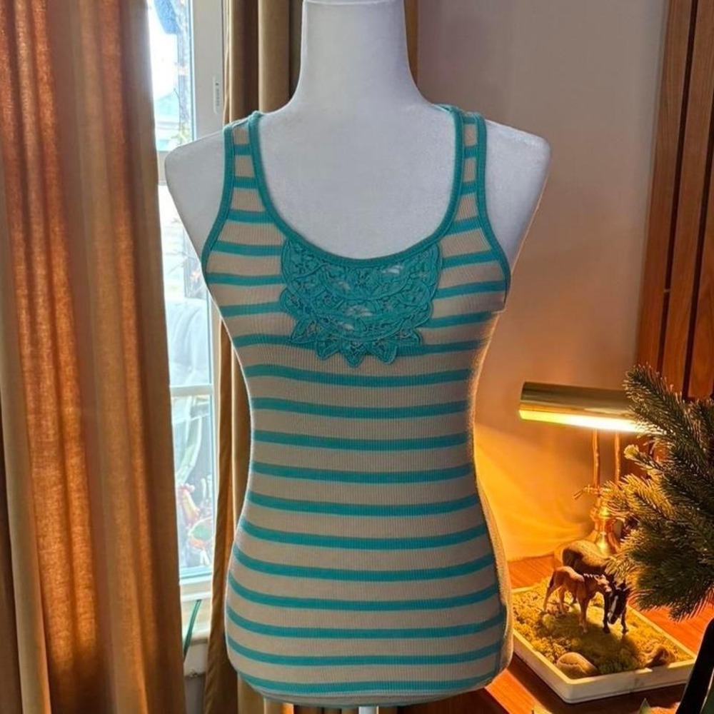 VTG 00s/Y2K Lei‎ Striped Tank Top Blue Tan Crochet Neck Racerback Women's Size M